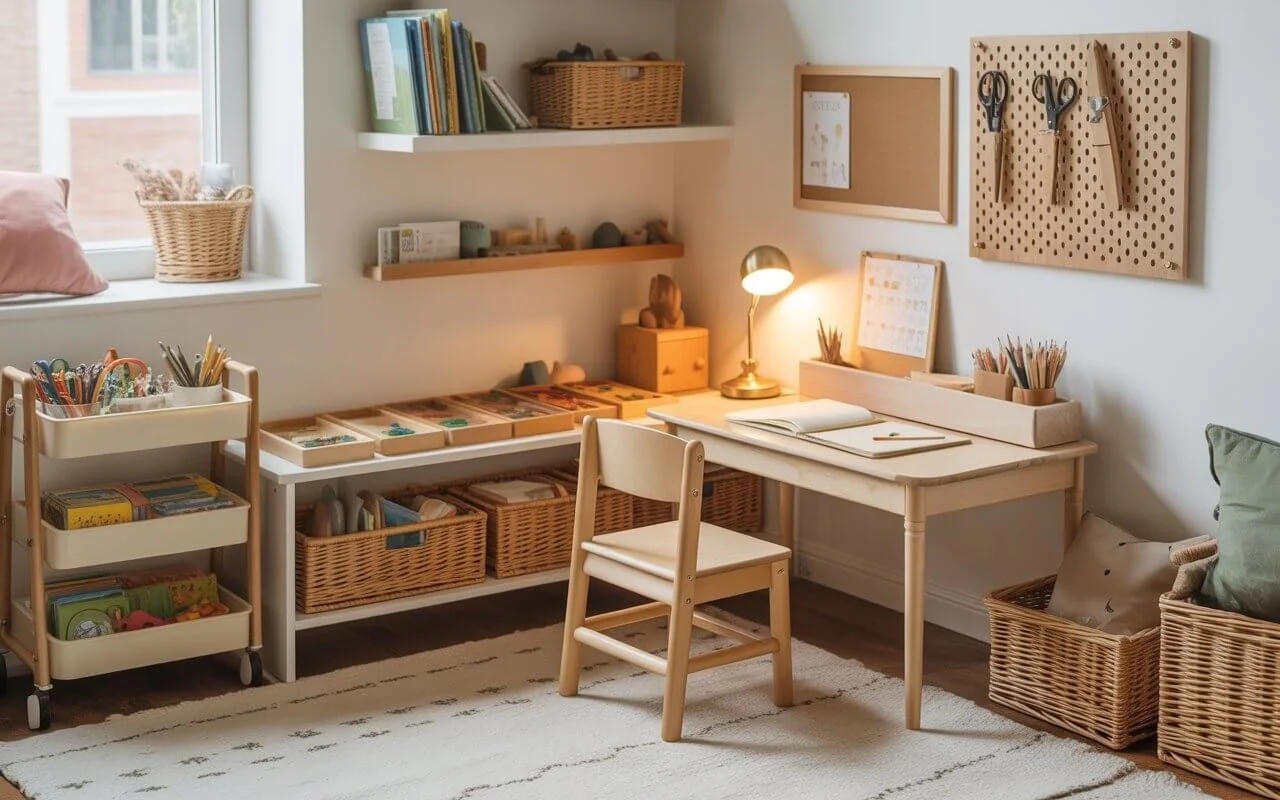 Canto de estudos em casa com mesa, cestos e estante